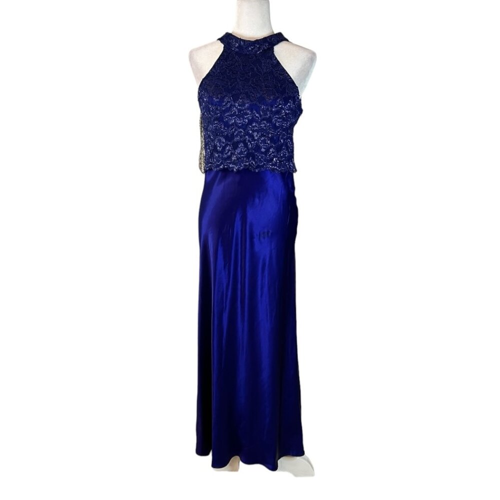 Steppin' Out Navy Purple Lace Gown Size 9/10 Halter Formal Dress Satin Maxi USA